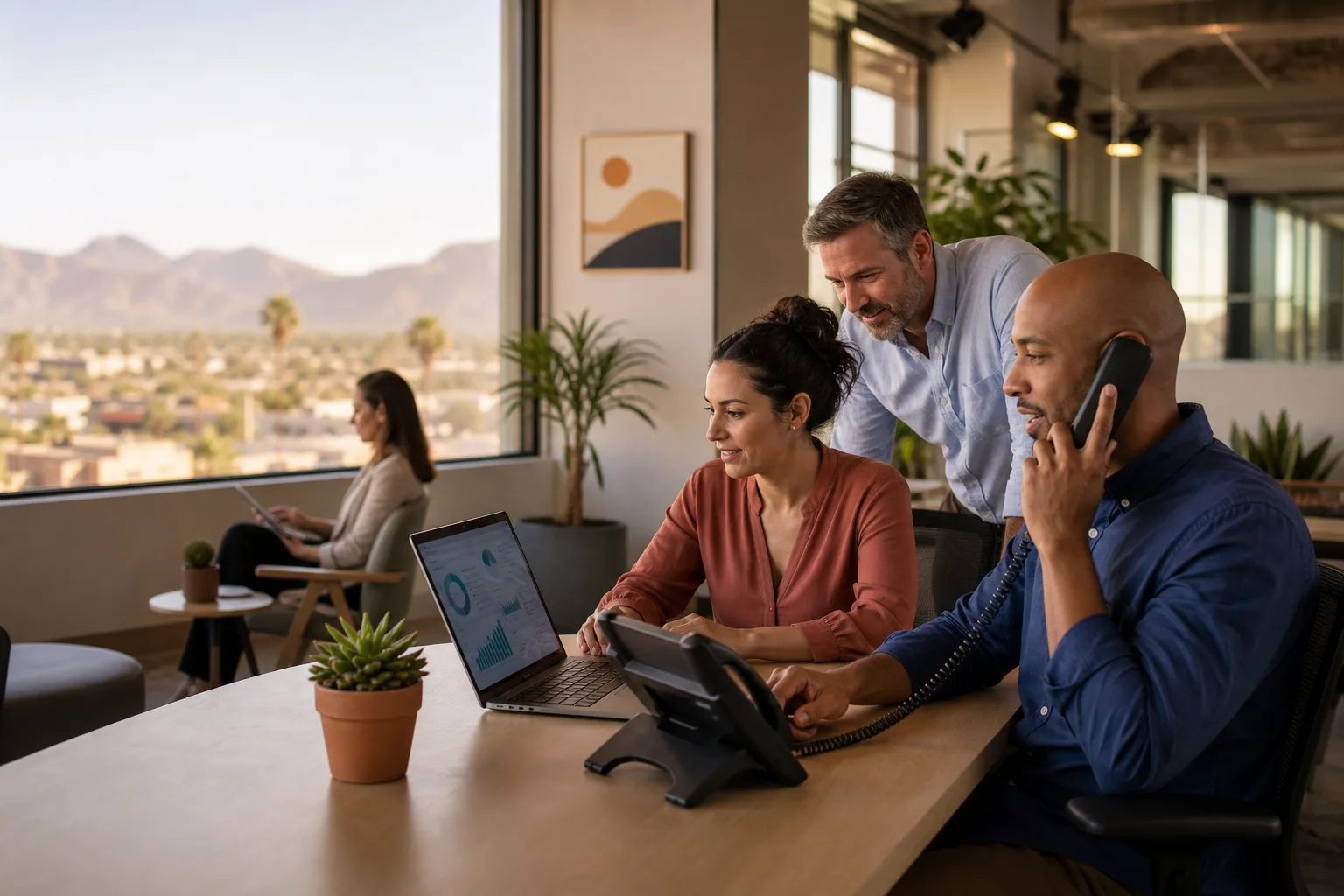 Equipo de una pequeña empresa en Arizona usando un sistema telefónico empresarial en la nube