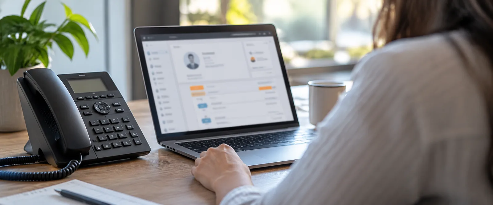 Original illustrative photo of a business phone beside a laptop showing a deliberately blurred generic CRM workspace