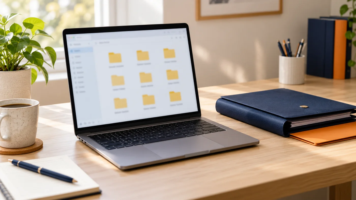Portátil con carpetas de archivos genéricas junto a una carpeta azul y un separador naranja
