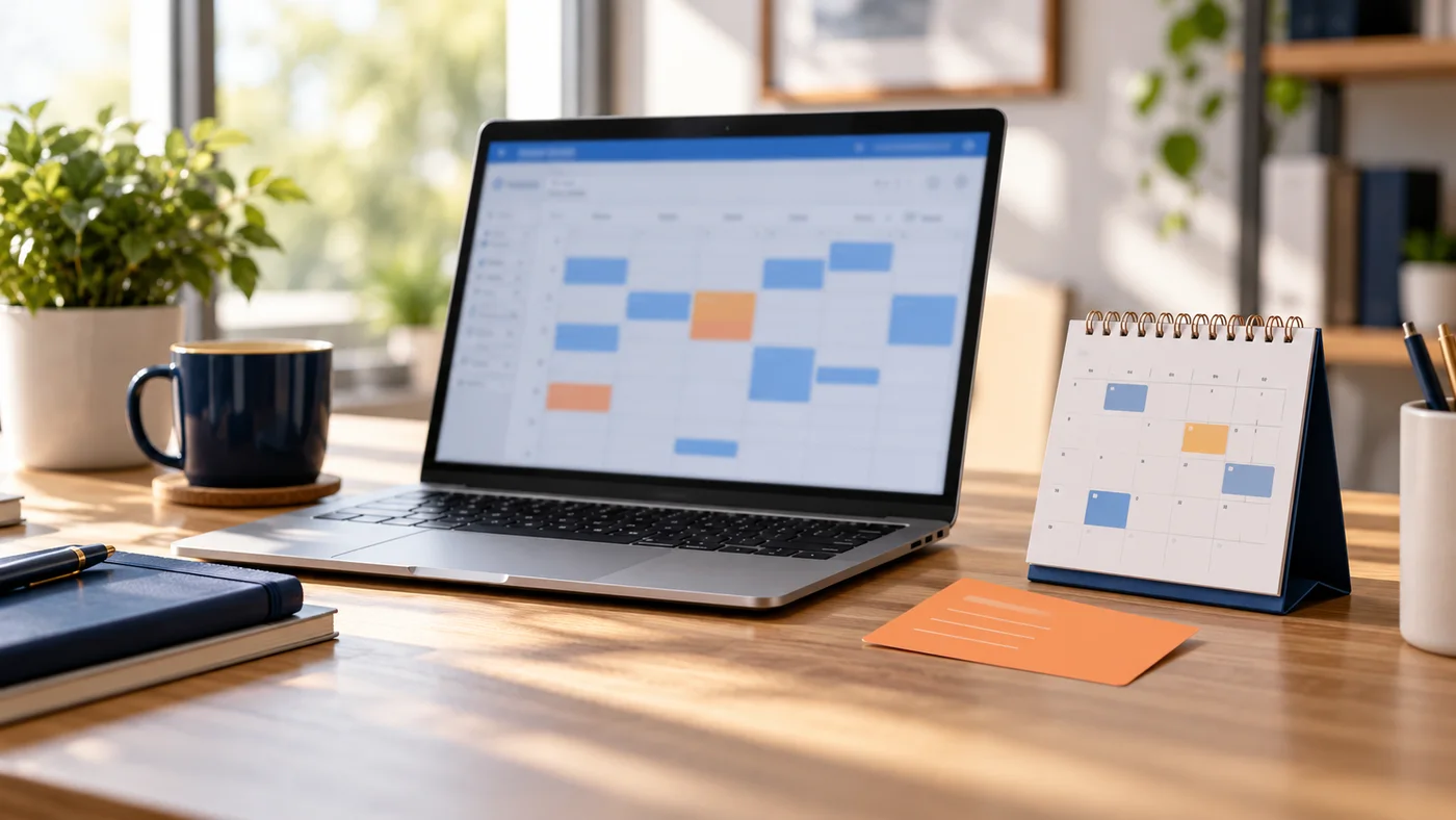 Portátil con un calendario genérico desenfocado junto a una agenda de escritorio y una tarjeta naranja