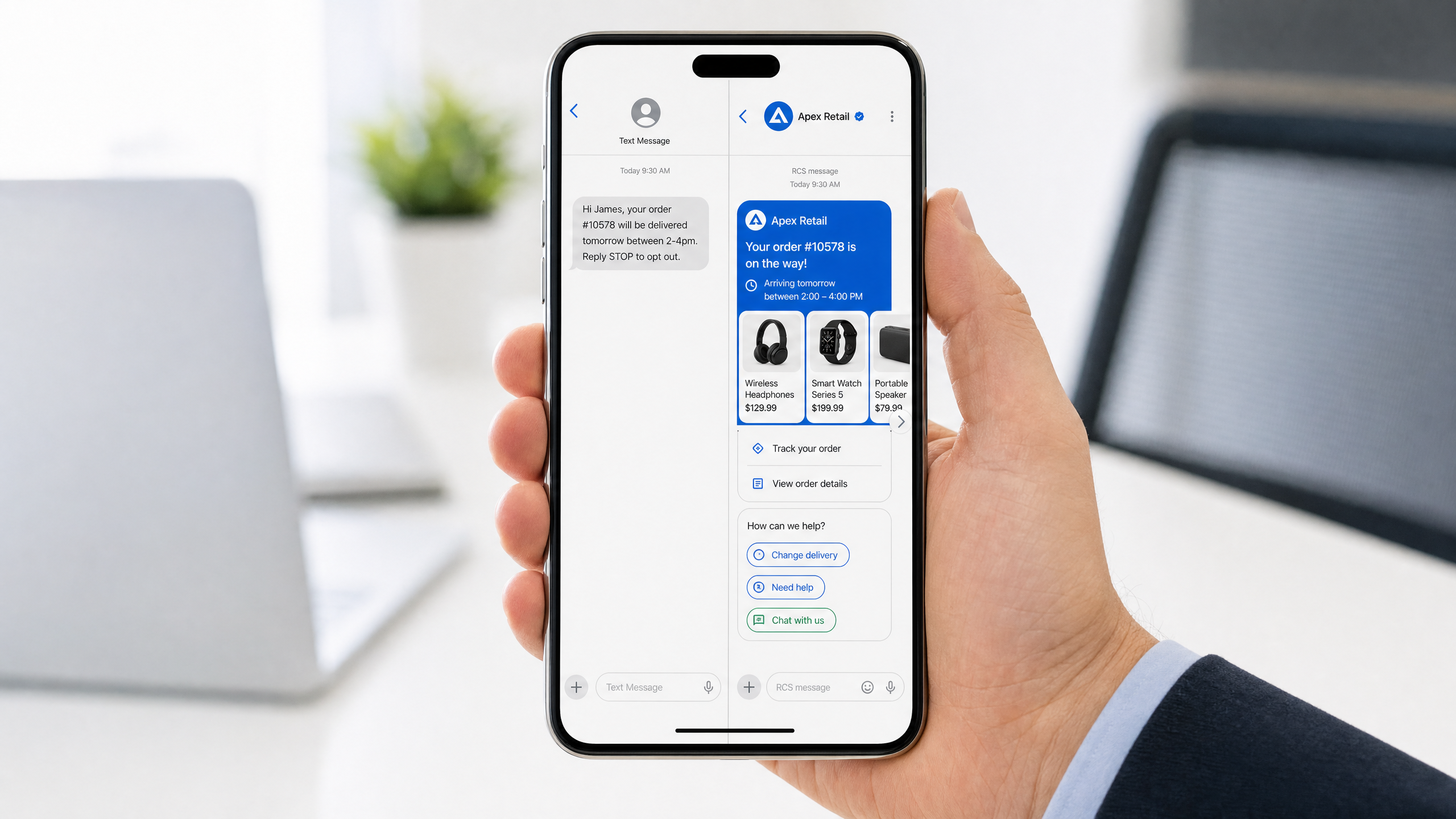 Split screen showing plain SMS vs rich RCS business messaging on a smartphone