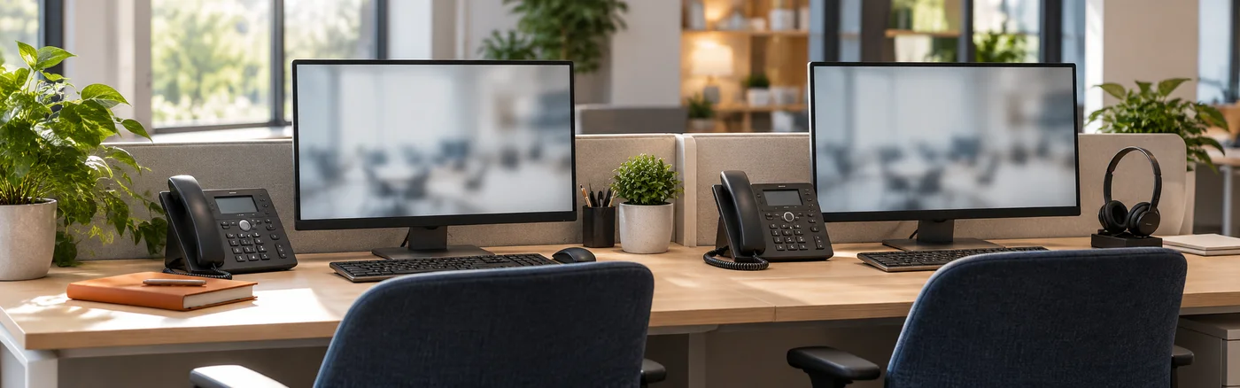 Two neighboring customer-service desks with correctly cradled business phones and a headset