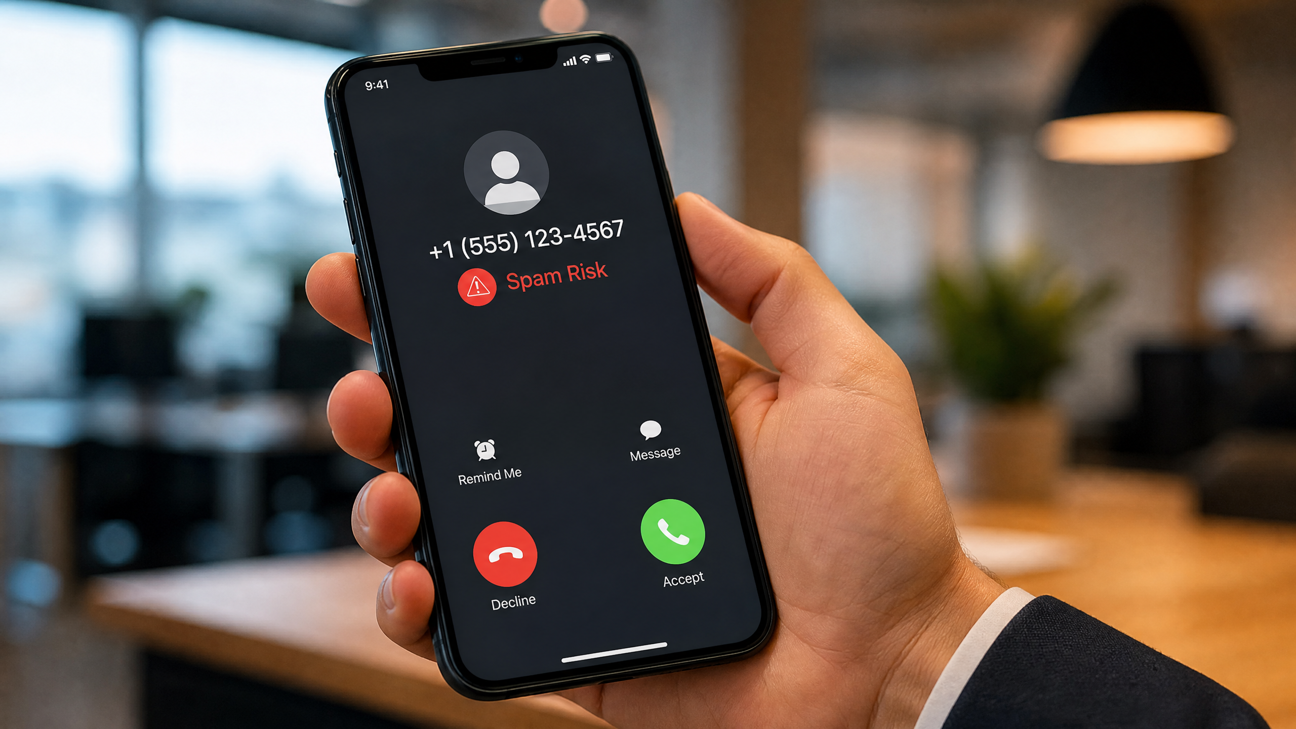 Teléfono mostrando la advertencia Spam Risk en una llamada entrante de negocio
